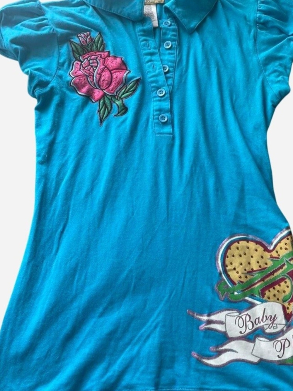 Baby Phat Teal Polo Top with Pink Rose and Heart Patch